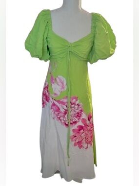 NWT Alex Marie 2 P Dress Extra Small Petite Floral Puffy Sleeve Midi Hawaiian